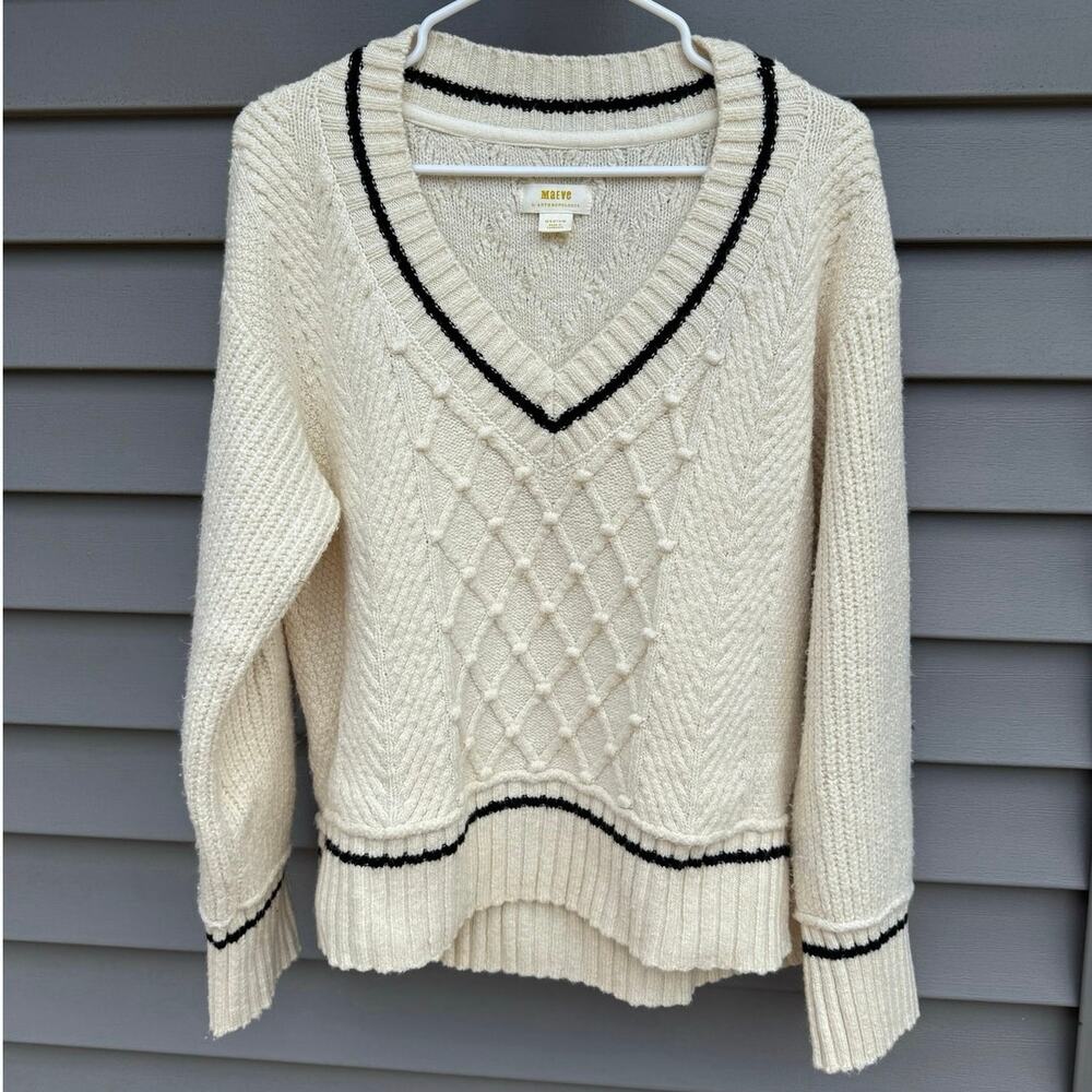 Anthropologie Maeve Tillie V-Neck Cable Knit Pullover Sweater Cream